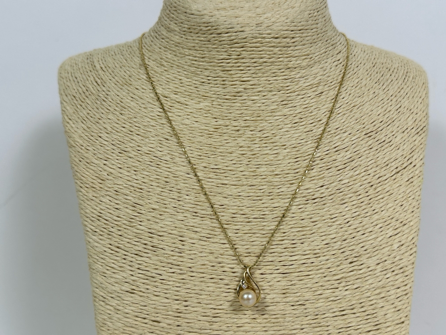 14K Gold Pearl Pendant With 14K Gold 18' Necklace And Matching 14K Gold Pearl Earrings 6.2g [Photo 4]