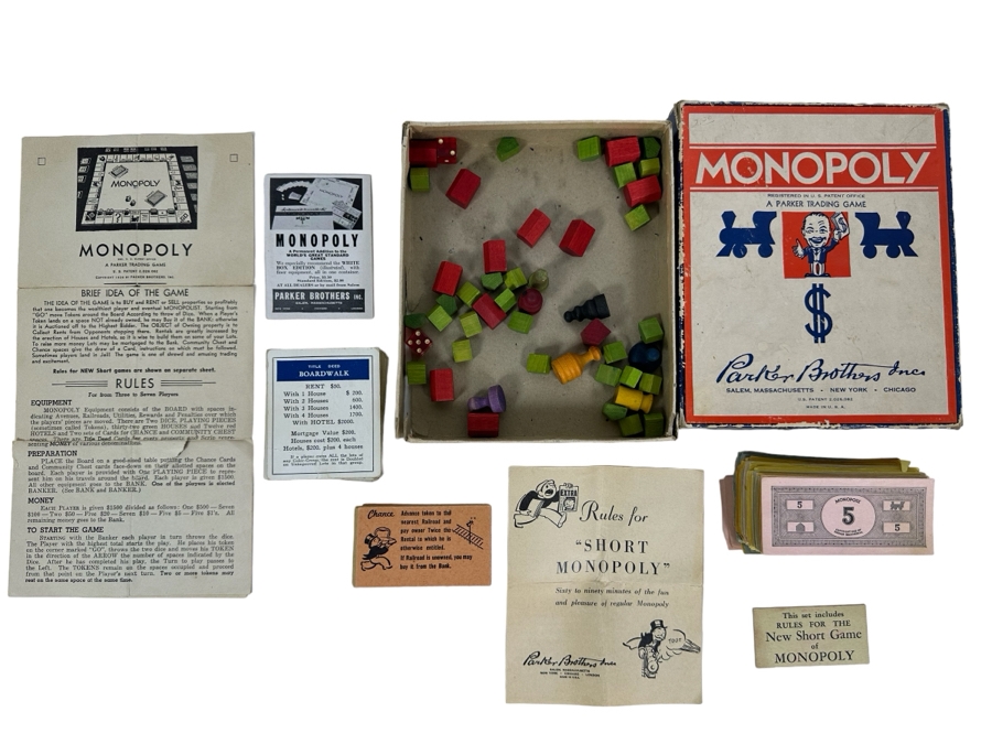 Vintage 1947 Monopoly Game Pieces And Money Plus Rules For 'Short Monopoly' (No Game Board)