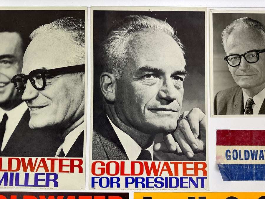 Original Goldwater Presidential Campaign Items Including (2) Presidential Campaign Offset Printing Cardboard Posters 11 X 17, (2) Bumper Stickers, Flag And Headshot [Photo 3]