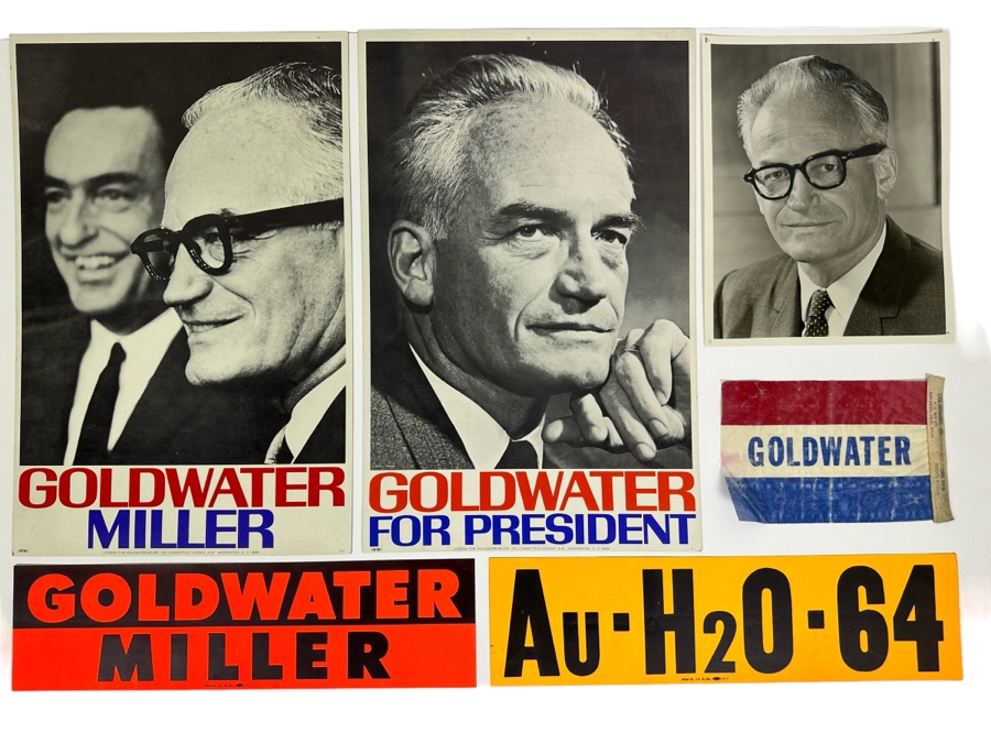 Original Goldwater Presidential Campaign Items Including (2) Presidential Campaign Offset Printing Cardboard Posters 11 X 17, (2) Bumper Stickers, Flag And Headshot