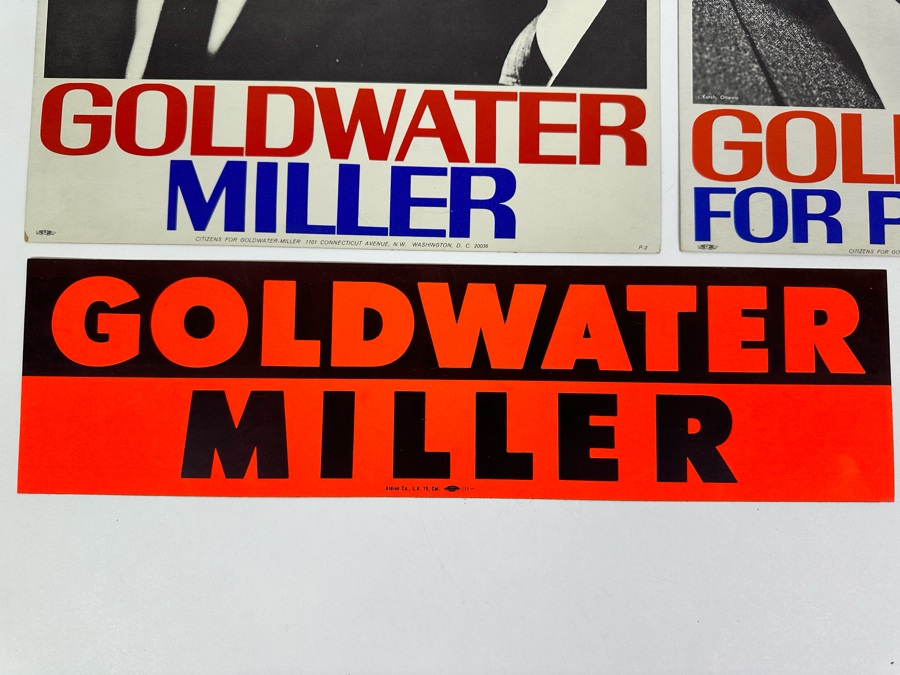 Original Goldwater Presidential Campaign Items Including (2) Presidential Campaign Offset Printing Cardboard Posters 11 X 17, (2) Bumper Stickers, Flag And Headshot [Photo 12]