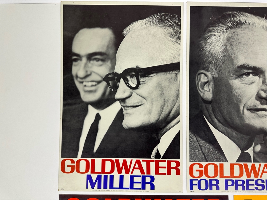 Original Goldwater Presidential Campaign Items Including (2) Presidential Campaign Offset Printing Cardboard Posters 11 X 17, (2) Bumper Stickers, Flag And Headshot [Photo 2]