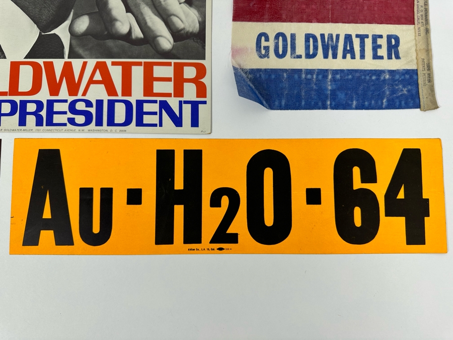 Original Goldwater Presidential Campaign Items Including (2) Presidential Campaign Offset Printing Cardboard Posters 11 X 17, (2) Bumper Stickers, Flag And Headshot [Photo 14]