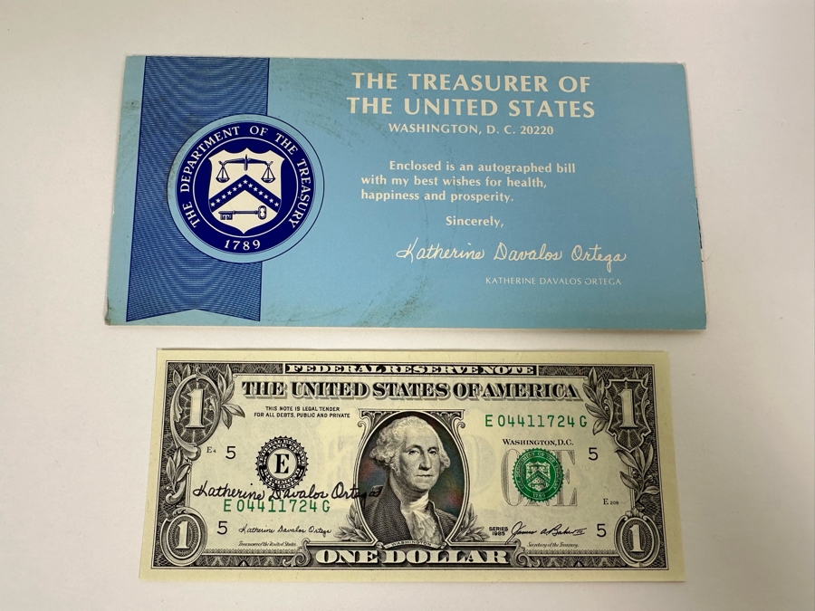 (6) U.S. Two Dollar Bills And (1) Autographed U.S. One Dollar Bill Signed By The 38th Treasurer Of The United States Under Reagan And Bush, Katherine Davalos Ortega [Photo 2]
