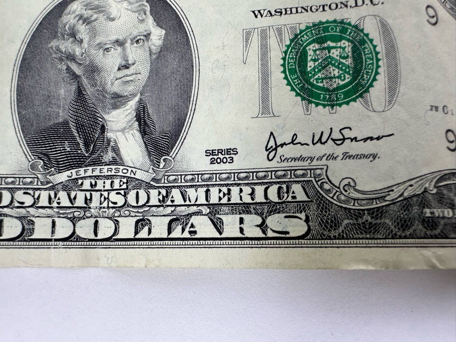 (6) U.S. Two Dollar Bills And (1) Autographed U.S. One Dollar Bill Signed By The 38th Treasurer Of The United States Under Reagan And Bush, Katherine Davalos Ortega [Photo 16]