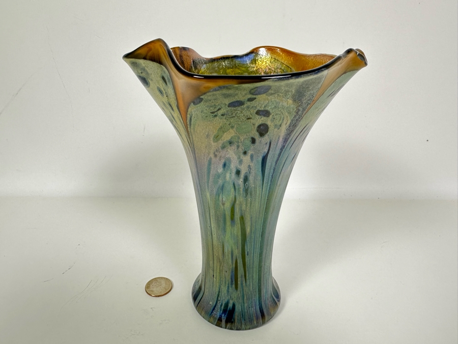 Iridescent Art Glass Vase Signed Arnold 1973 8H [Photo 6]