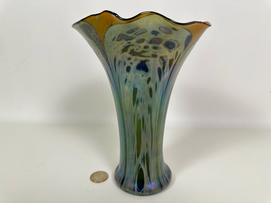 Iridescent Art Glass Vase Signed Arnold 1973 8H [Photo 3]