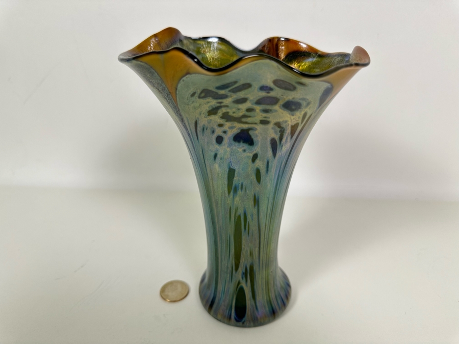 Iridescent Art Glass Vase Signed Arnold 1973 8H [Photo 4]