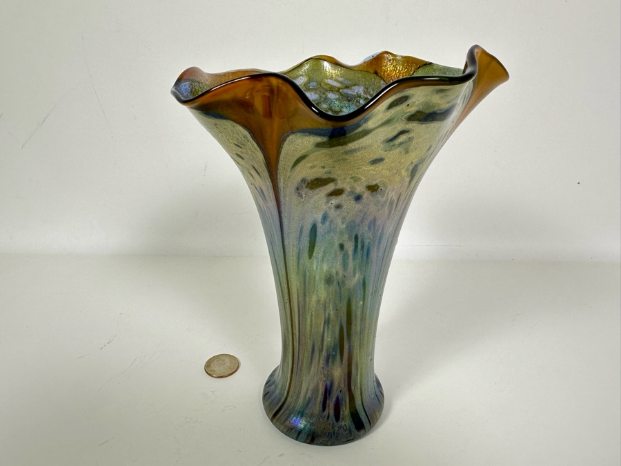 Iridescent Art Glass Vase Signed Arnold 1973 8H [Photo 7]