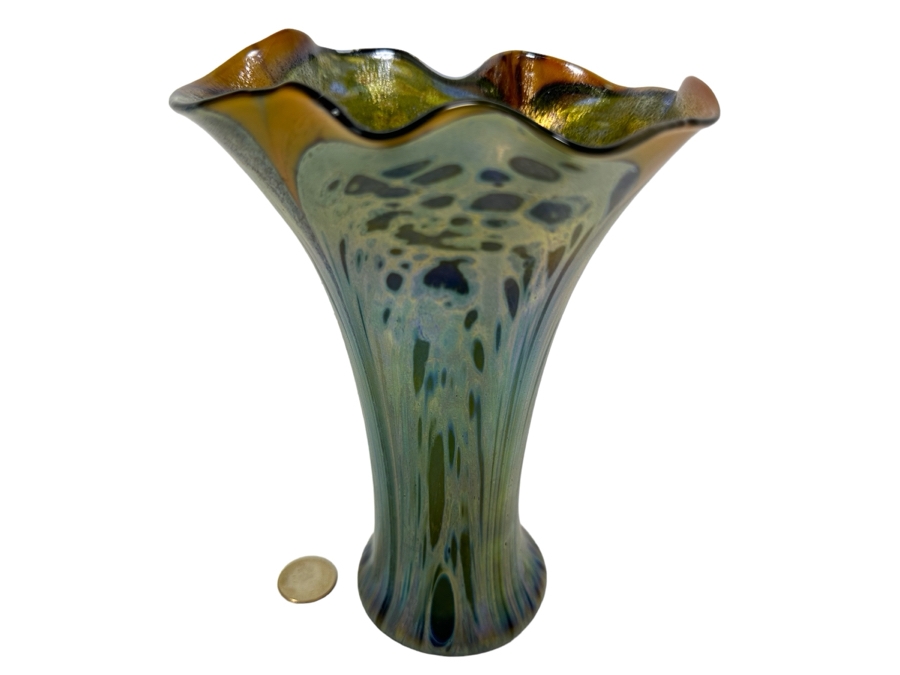 Iridescent Art Glass Vase Signed Arnold 1973 8H