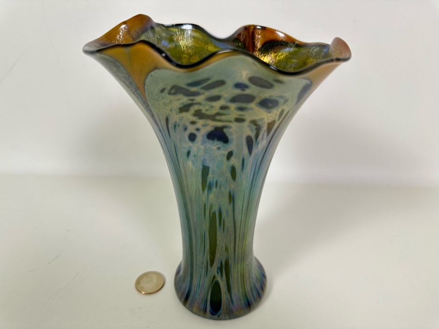 Iridescent Art Glass Vase Signed Arnold 1973 8H [Photo 2]