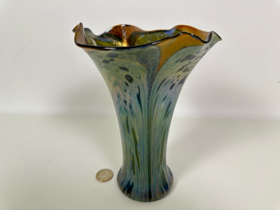 Iridescent Art Glass Vase Signed Arnold 1973 8H [Photo 5]