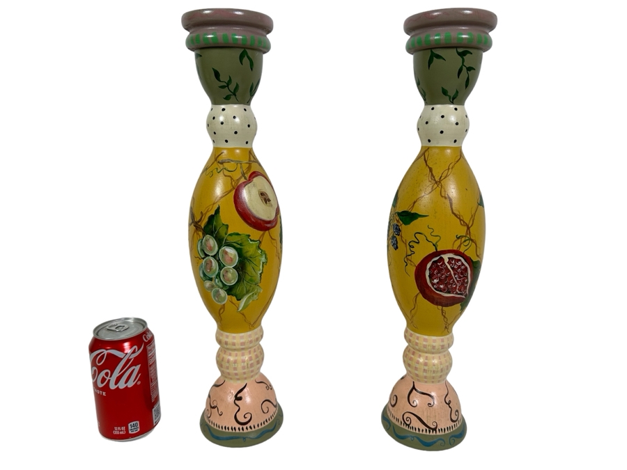 Pair Of Signed Hand Painted Wooden Candlesticks 17H Retailed $310