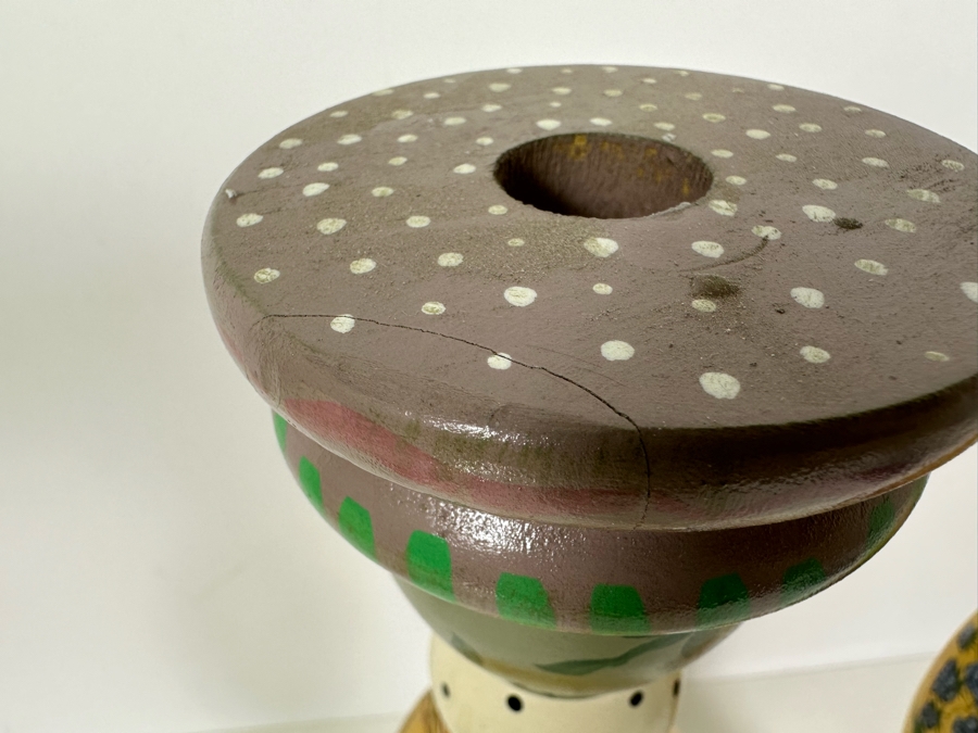 Pair Of Signed Hand Painted Wooden Candlesticks 17H Retailed $310 [Photo 7]