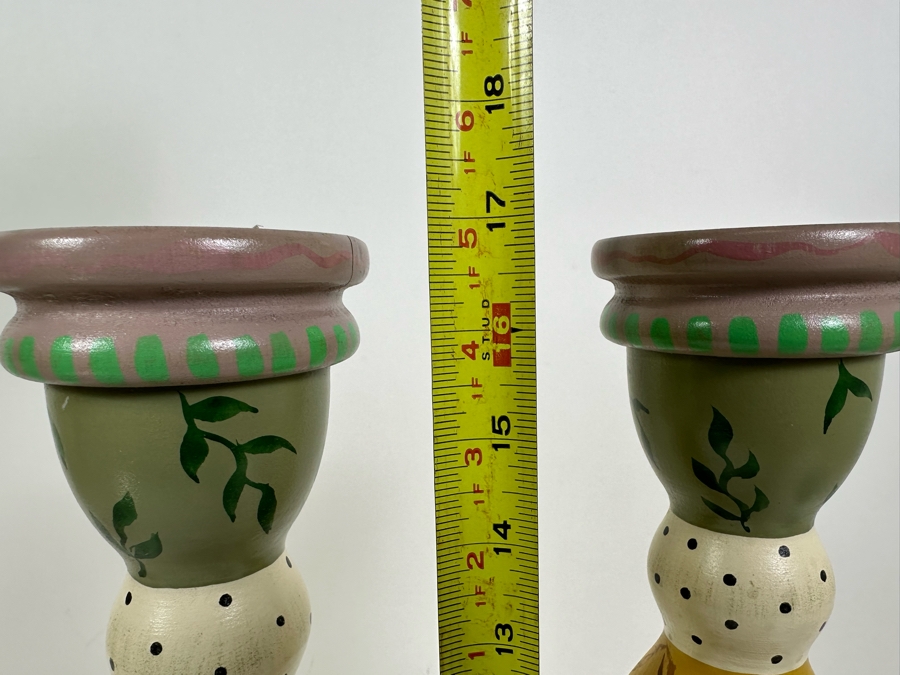 Pair Of Signed Hand Painted Wooden Candlesticks 17H Retailed $310 [Photo 15]