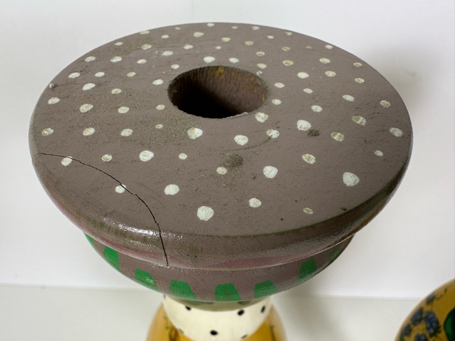 Pair Of Signed Hand Painted Wooden Candlesticks 17H Retailed $310 [Photo 6]