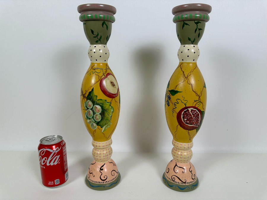 Pair Of Signed Hand Painted Wooden Candlesticks 17H Retailed $310 [Photo 2]