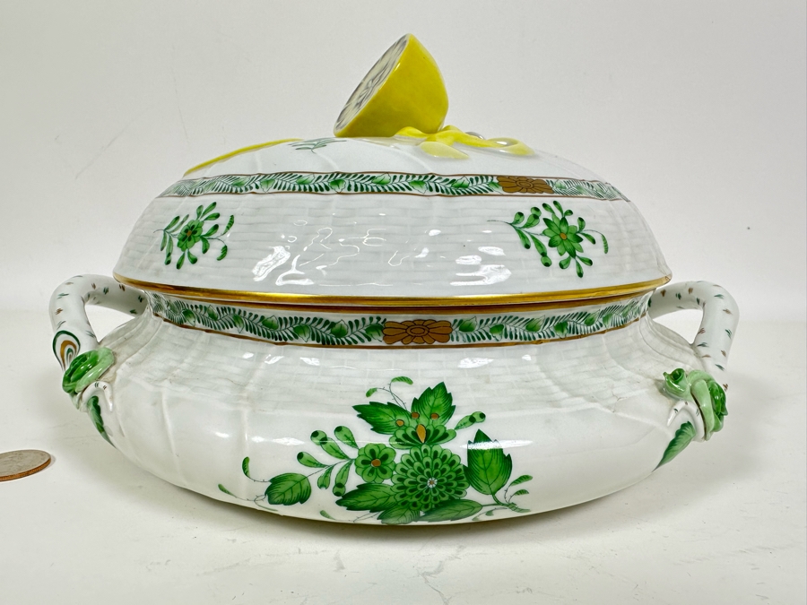 Vintage Herend Hungary Chinese Bouquet Green Tureen & Lid With Lemon Finial Handle 11W X 6.5H [Photo 3]