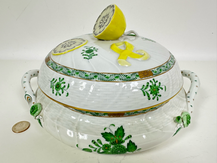 Vintage Herend Hungary Chinese Bouquet Green Tureen & Lid With Lemon Finial Handle 11W X 6.5H [Photo 2]