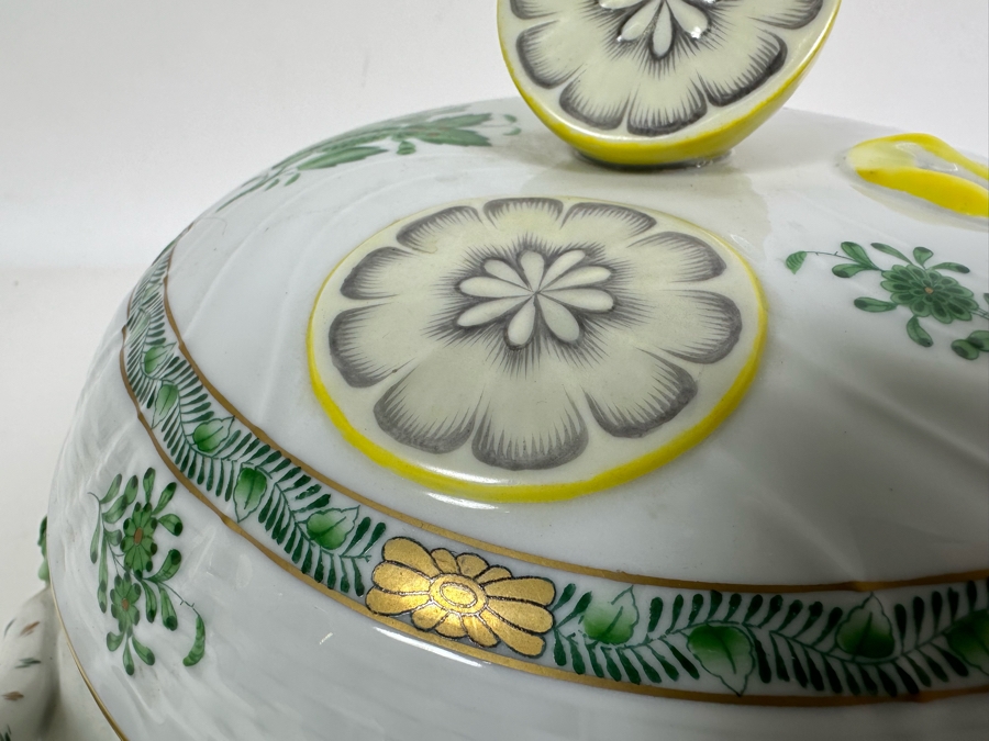 Vintage Herend Hungary Chinese Bouquet Green Tureen & Lid With Lemon Finial Handle 11W X 6.5H [Photo 7]