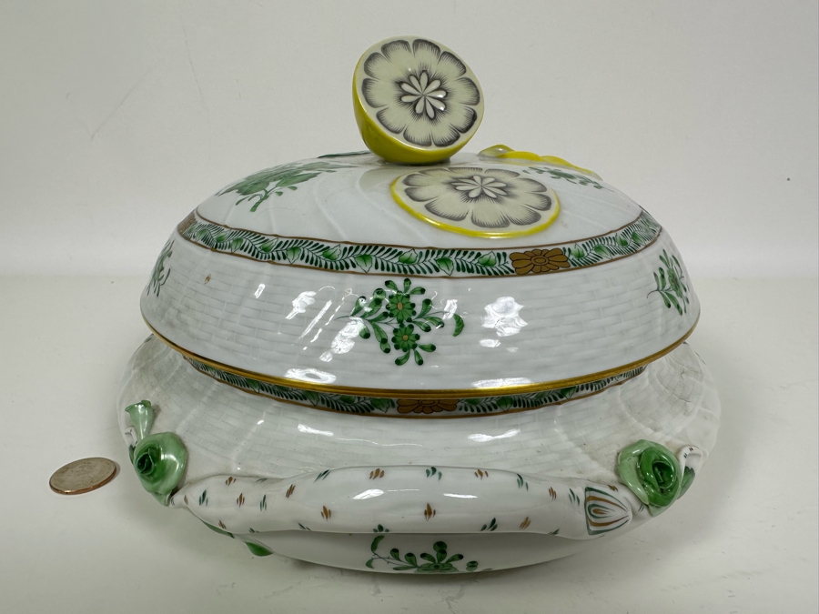 Vintage Herend Hungary Chinese Bouquet Green Tureen & Lid With Lemon Finial Handle 11W X 6.5H [Photo 9]