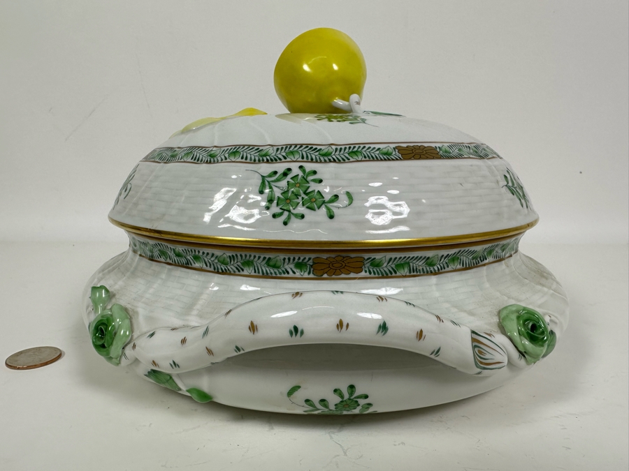 Vintage Herend Hungary Chinese Bouquet Green Tureen & Lid With Lemon Finial Handle 11W X 6.5H [Photo 11]