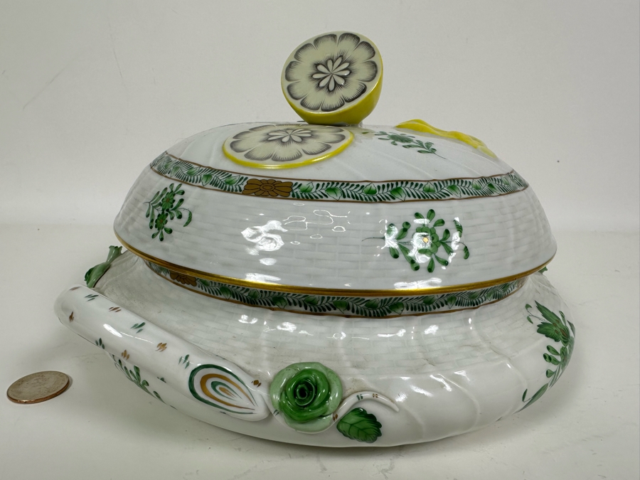 Vintage Herend Hungary Chinese Bouquet Green Tureen & Lid With Lemon Finial Handle 11W X 6.5H [Photo 5]
