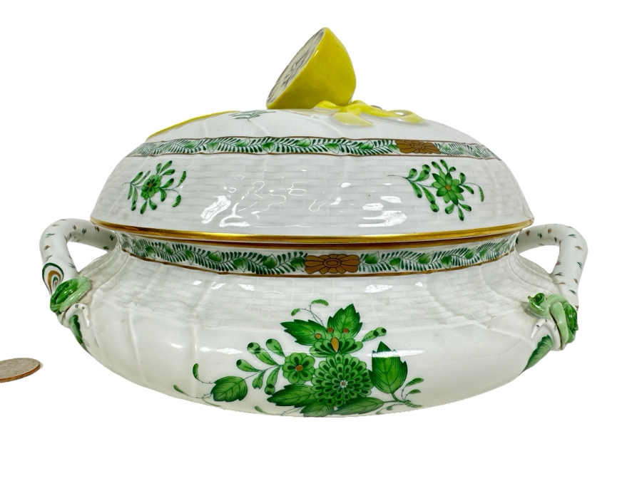 Vintage Herend Hungary Chinese Bouquet Green Tureen & Lid With Lemon Finial Handle 11W X 6.5H
