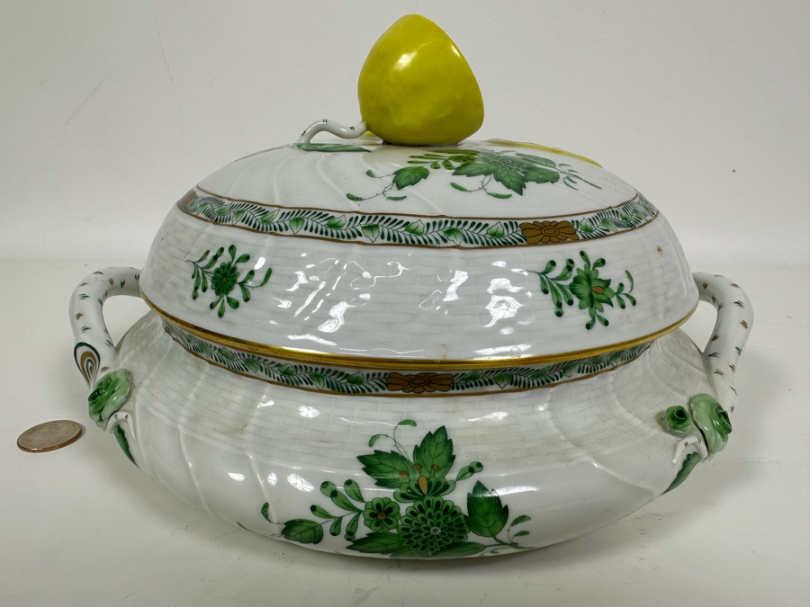 Vintage Herend Hungary Chinese Bouquet Green Tureen & Lid With Lemon Finial Handle 11W X 6.5H [Photo 10]