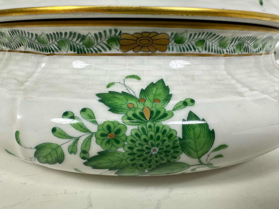 Vintage Herend Hungary Chinese Bouquet Green Tureen & Lid With Lemon Finial Handle 11W X 6.5H [Photo 4]