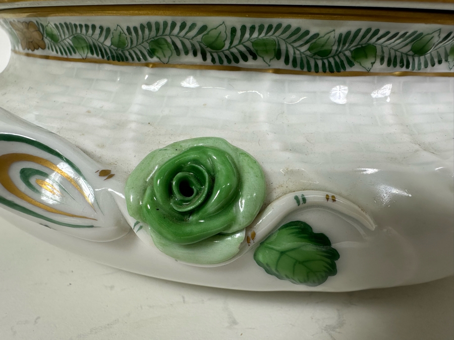 Vintage Herend Hungary Chinese Bouquet Green Tureen & Lid With Lemon Finial Handle 11W X 6.5H [Photo 6]