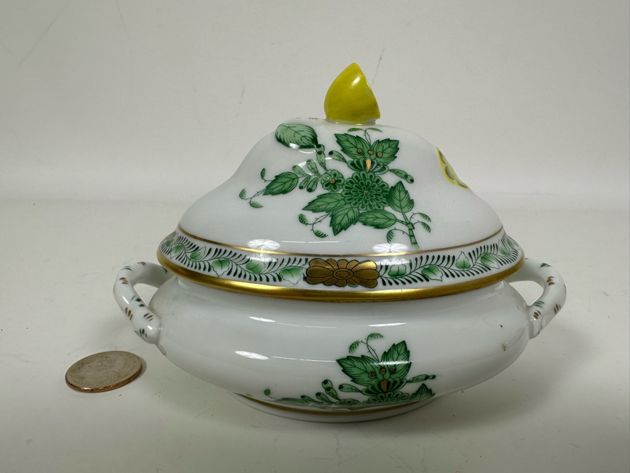 Small Vintage Herend Hungary Chinese Bouquet Green Tureen & Lid With Lemon Finial Handle 5.5W X 4H [Photo 2]
