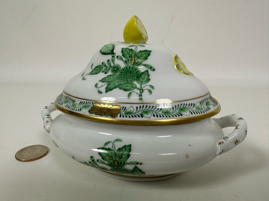 Small Vintage Herend Hungary Chinese Bouquet Green Tureen & Lid With Lemon Finial Handle 5.5W X 4H [Photo 7]