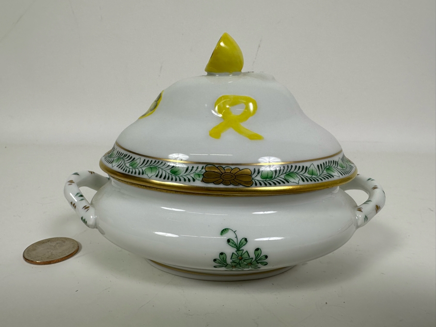 Small Vintage Herend Hungary Chinese Bouquet Green Tureen & Lid With Lemon Finial Handle 5.5W X 4H [Photo 3]