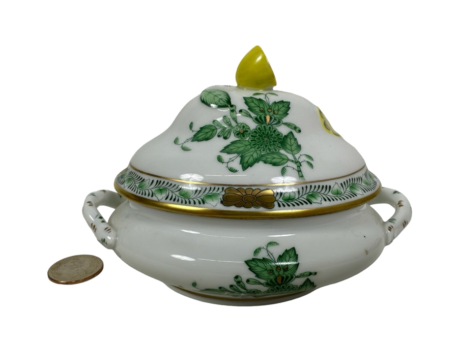 Small Vintage Herend Hungary Chinese Bouquet Green Tureen & Lid With Lemon Finial Handle 5.5W X 4H