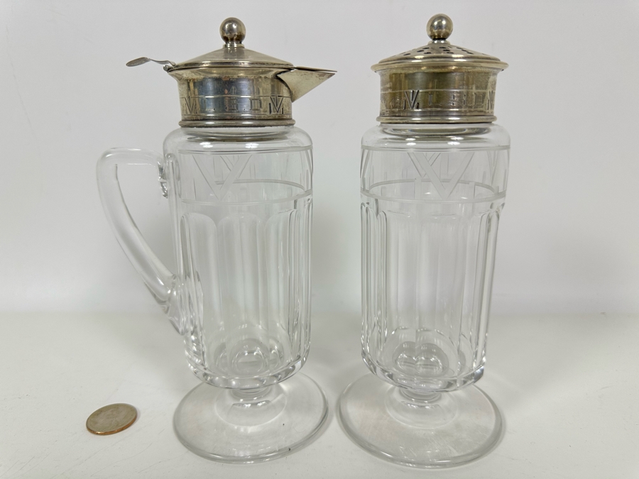 Hawkes Crystal Syrup And Powdered Sugar Dispensers With Sterling Silver Lids Monogramed L.S.D. From The Doheny Estate 7.5H [Photo 3]