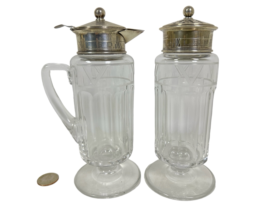 Hawkes Crystal Syrup And Powdered Sugar Dispensers With Sterling Silver Lids Monogramed L.S.D. From The Doheny Estate 7.5H