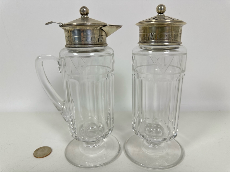 Hawkes Crystal Syrup And Powdered Sugar Dispensers With Sterling Silver Lids Monogramed L.S.D. From The Doheny Estate 7.5H [Photo 2]