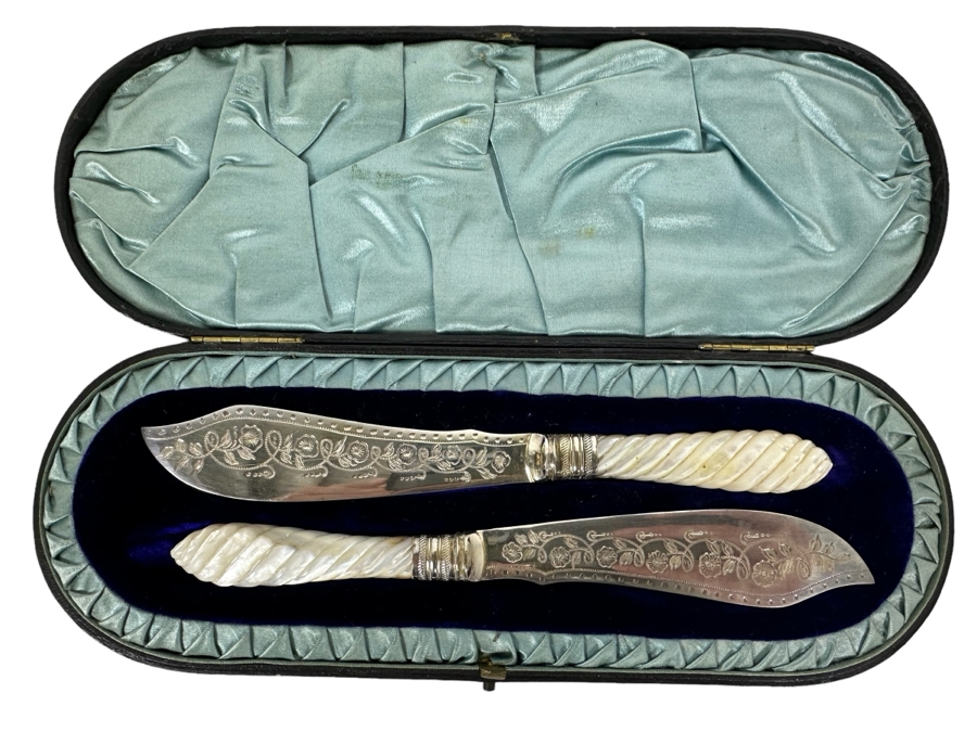 Old English Victorian Pair Of Canape Knives With Carved Mother Of Pearl Handles Circa 1860 From Sheffield England With Original Box From The Collection Of David Orgell
