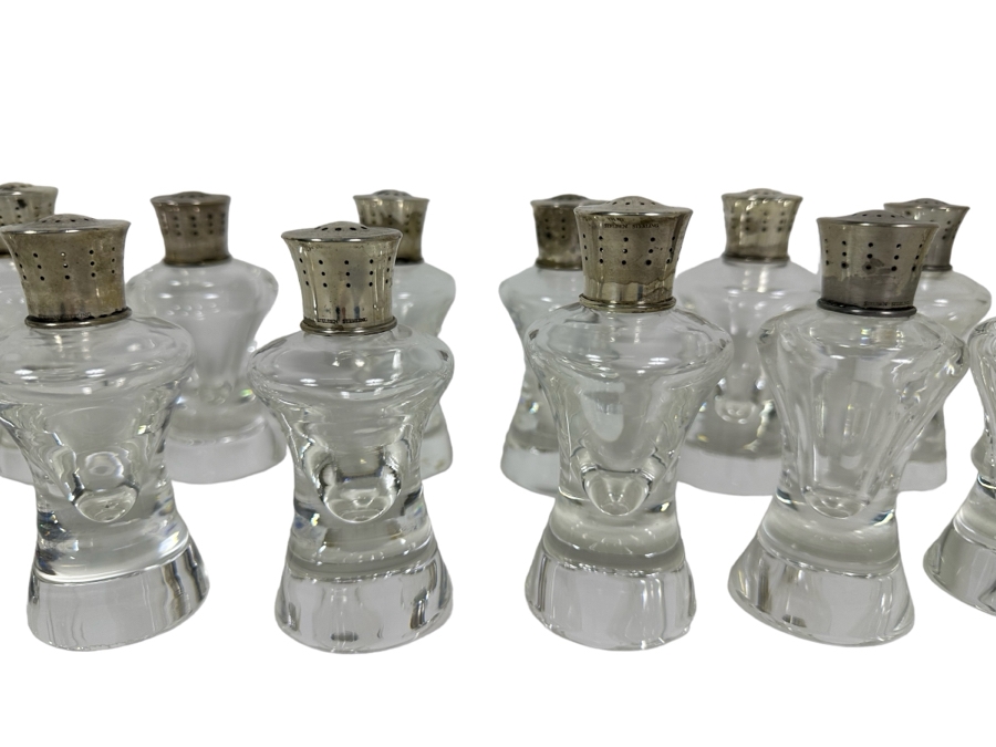 Steuben Glass Salt & Pepper Shakers With Sterling Silver Tops 4.5H - Eight Pairs / 16 Shakers Total Doheny Estate
