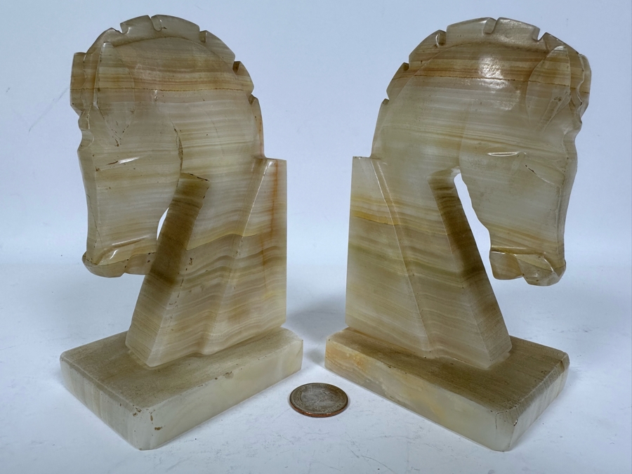 Vintage Carved Onyx Horse Head Bookends 7W X 3D X 6H [Photo 5]
