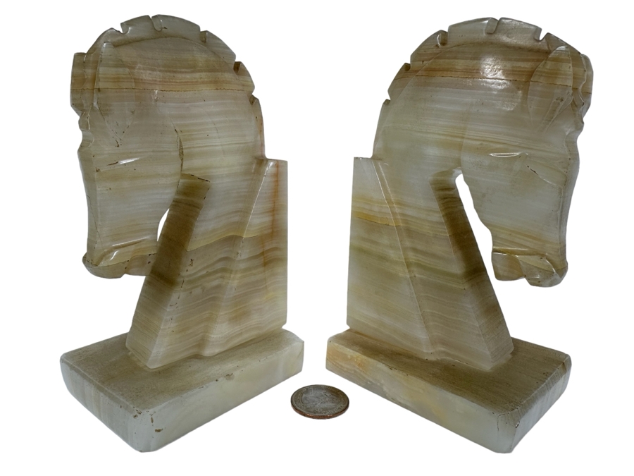 Vintage Carved Onyx Horse Head Bookends 7W X 3D X 6H [Photo 1]