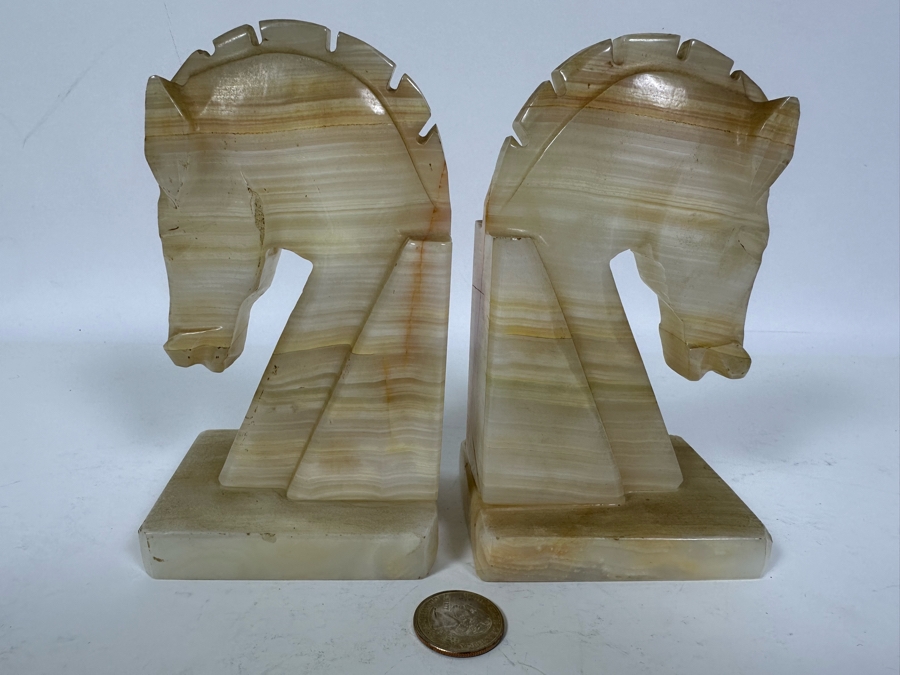 Vintage Carved Onyx Horse Head Bookends 7W X 3D X 6H [Photo 4]