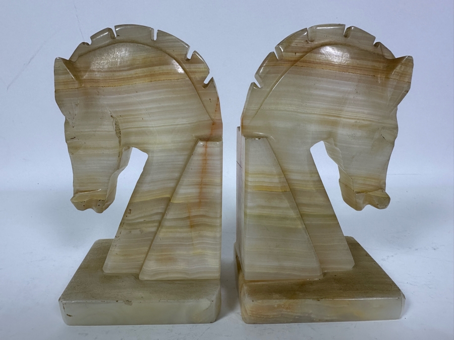 Vintage Carved Onyx Horse Head Bookends 7W X 3D X 6H [Photo 3]