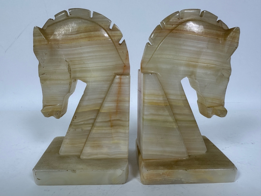 Vintage Carved Onyx Horse Head Bookends 7W X 3D X 6H [Photo 2]
