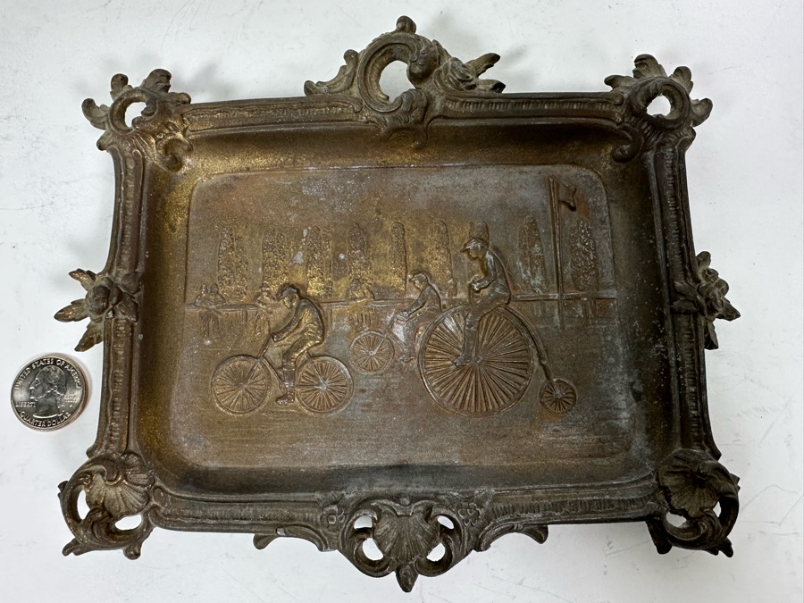 Relief Metal Trinket Dish With Antique Bicycle Race Scene 8 X 7 [Photo 2]