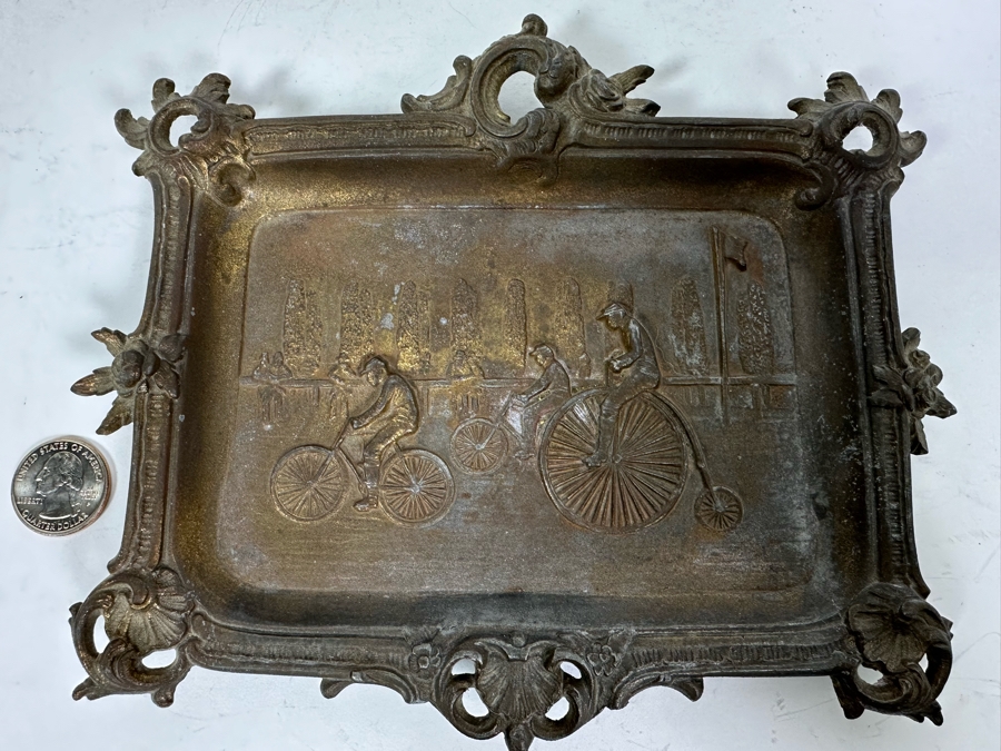 Relief Metal Trinket Dish With Antique Bicycle Race Scene 8 X 7 [Photo 3]