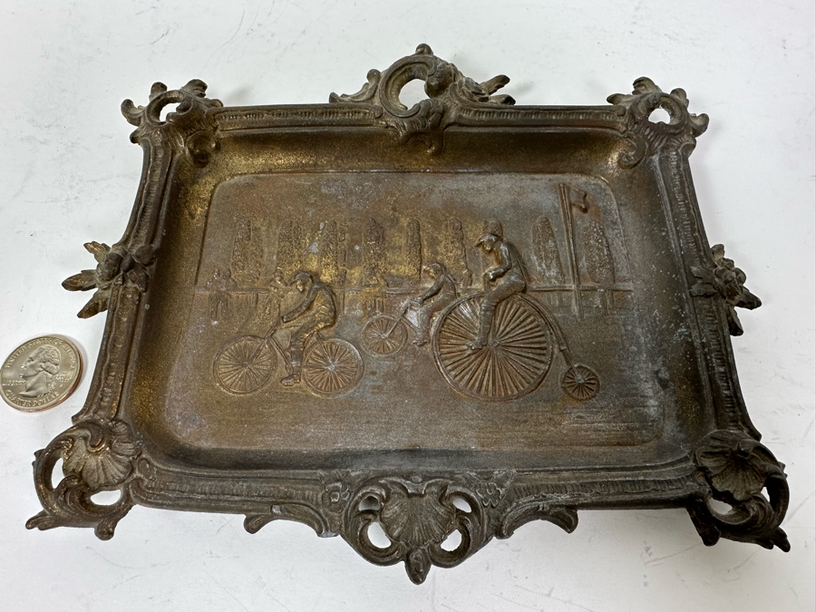 Relief Metal Trinket Dish With Antique Bicycle Race Scene 8 X 7 [Photo 4]