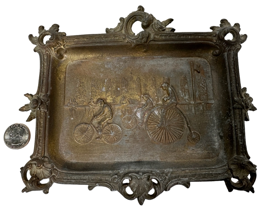 Relief Metal Trinket Dish With Antique Bicycle Race Scene 8 X 7 [Photo 1]