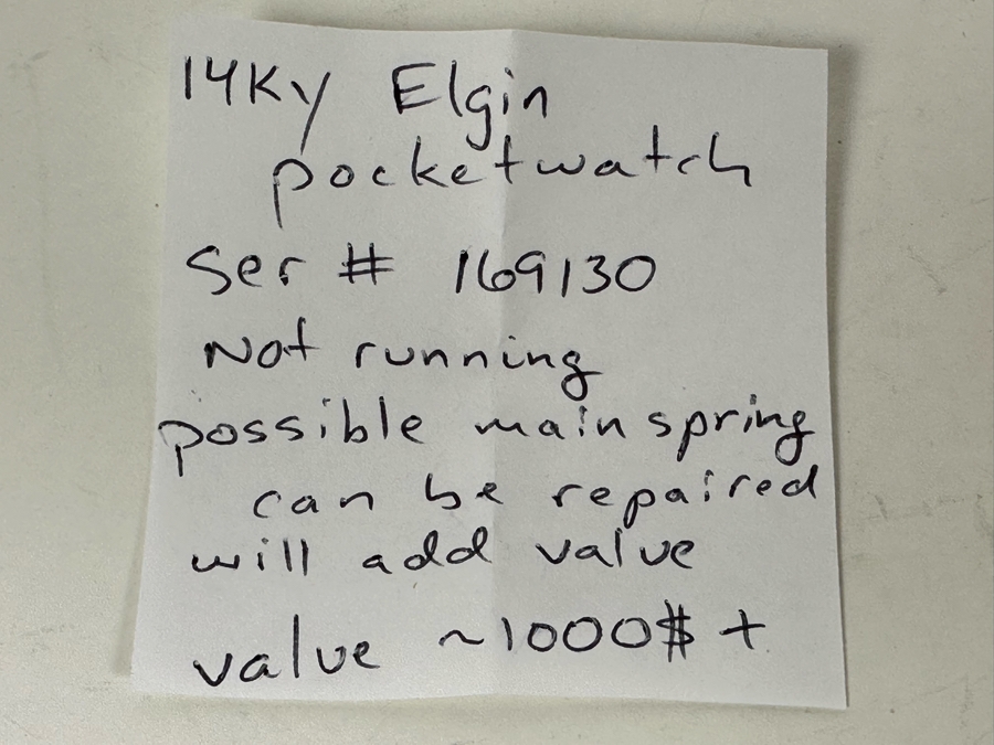 14K Gold Antique Elgin Pocket Watch Ser # 169130 Not Running Possible Main Spring 15 Jewels - See Photos 32.7g [Photo 21]